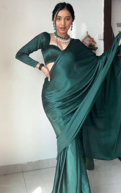 SATAZ Women's Ready to Wear Castleton Green Plain Satin Silk 1 Minute Pre Pleated Saree with Unstiched Blouse - Kancheepuram Vrk Sil Open Now - Image 3