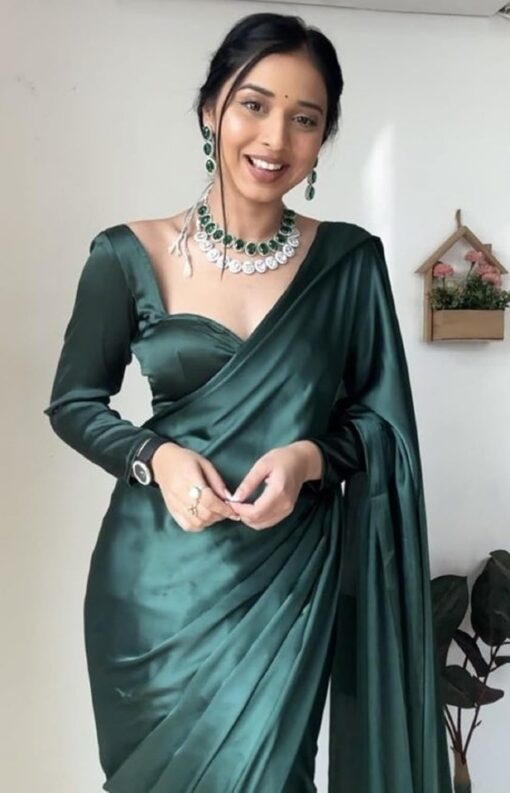 SATAZ Women's Ready to Wear Castleton Green Plain Satin Silk 1 Minute Pre Pleated Saree with Unstiched Blouse - Kancheepuram Vrk Sil Open Now - Image 4