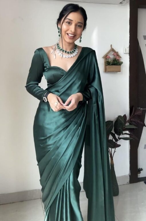 SATAZ Women's Ready to Wear Castleton Green Plain Satin Silk 1 Minute Pre Pleated Saree with Unstiched Blouse - Kancheepuram Vrk Sil Open Now - Image 5
