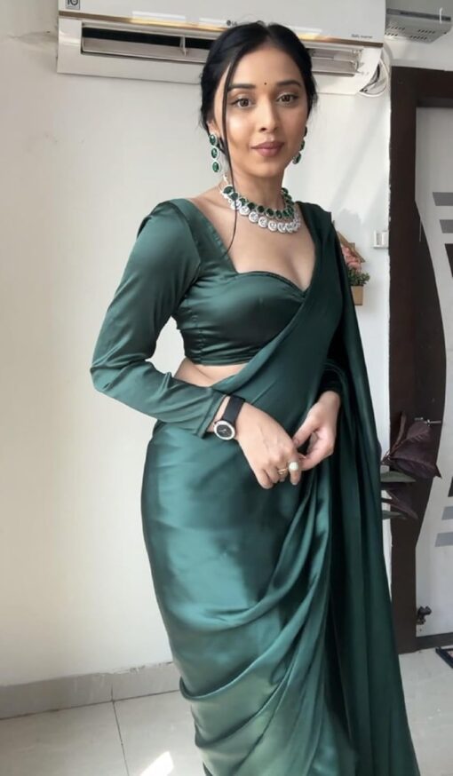 SATAZ Women's Ready to Wear Castleton Green Plain Satin Silk 1 Minute Pre Pleated Saree with Unstiched Blouse - Kancheepuram Vrk Sil Open Now - Image 6