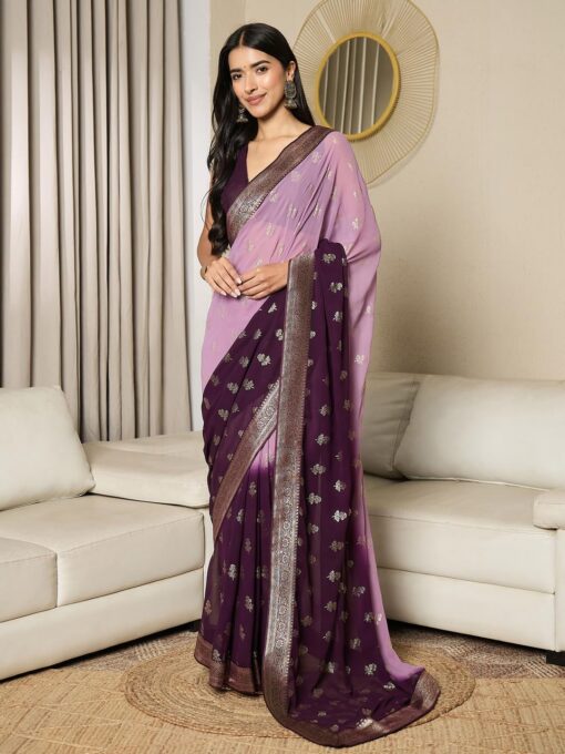 AKHILAM Women's Silk Blend Foil Printed Ready To Wear one Minute Saree With Unstitched Blouse Piece (RTWRIHANA1005_SR_Parent) - Kancheepuram Vrk Silks Hyderabad - Image 3