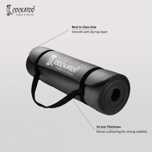 Cockatoo 15mm Thick NBR Yoga Mat For Home and Gym Workout| Anti Slip Yoga Mat For Men & Women| Yoga Mat with Carrying Strap, Black - Best Yoga Mats Online - Image 2