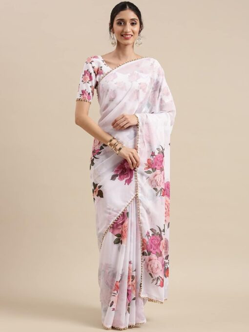 LooknBook Art Women's Blooming Georgette Saree with Blouse Piece (Peach) - Kancheepuram Vrk Silks - Image 2
