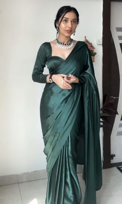 SATAZ Women's Ready to Wear Castleton Green Plain Satin Silk 1 Minute Pre Pleated Saree with Unstiched Blouse - Kancheepuram Vrk Sil Open Now - Image 2