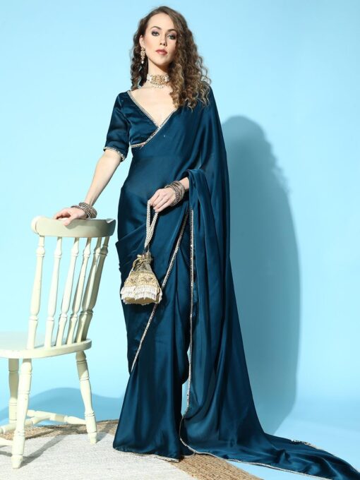 SATAZ Women's Ready to Wear Regal Blue Satin Silk 1 Minute Pre Pleated Mirror Saree with Unstiched Blouse - Kancheepuram Vrk Silks Ameerpet - Image 2