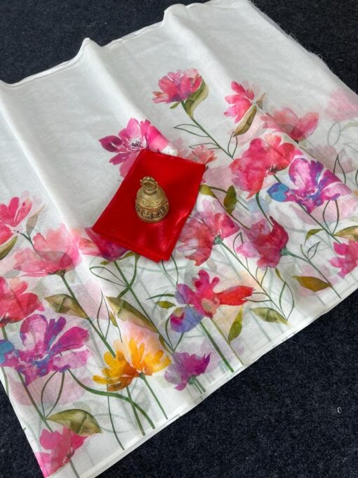 Murti Creation Women's Digital Floral Print Original Plain Linen Casual Saree With Blouse Piece (Main) - Kancheepuram Vrk Sil Open Now - Image 3
