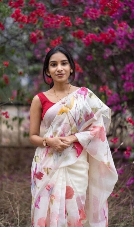 Murti Creation Women's Digital Floral Print Original Plain Linen Casual Saree With Blouse Piece (Main) - Kancheepuram Vrk Sil Open Now - Image 2