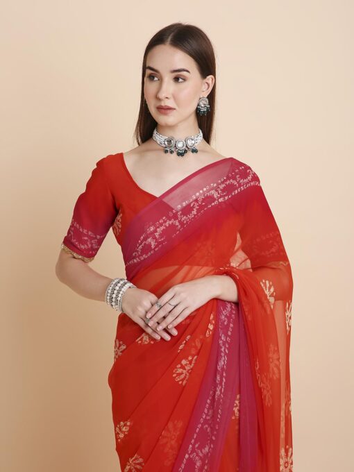 RATAN Women's Chiffon Batik Printed Tie-Dye Saree with Running Blouse Piece - Kancheepuram Vrk Sil - Image 2