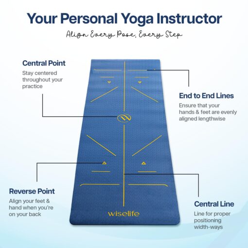 WiseLife TRU Alignment Yoga Mat + Sleek Yoga Strap for Men and Women (ProBalance TPE Material 6mm Extra Thick Extra Long Extra Wide) (Midnight Blue) - Best Yoga Mats - Image 2