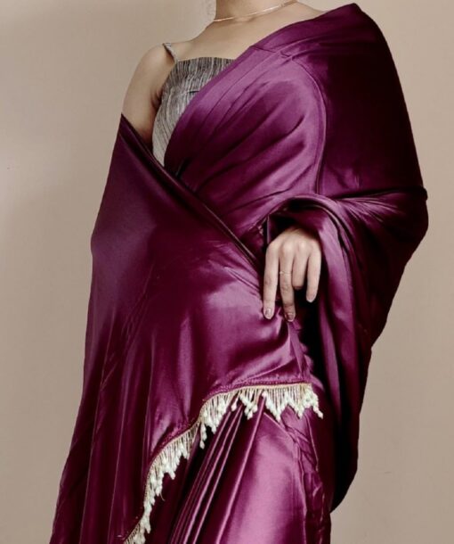 SATAZ Women's Ready to Wear Satin Silk 1 Minute Pre Pleated Heavy Saree with Designer Pearl Tassels Lace (Wine) - Kancheepuram Vrk Silks - Image 4