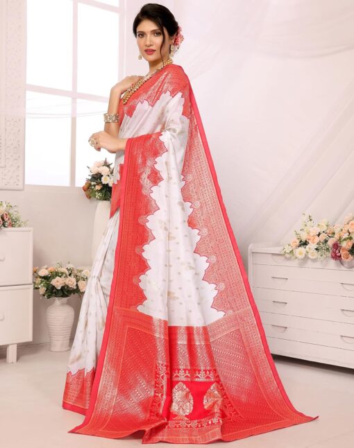 Yashika Women's Plain Temple Print Banarasi Kanjivaram Art Silk Saree Specially for Durga Puja with Unstitched Blouse Material (AZ-YS-P1-TEMPLE New_White) - Kancheepuram Vrk Silks Hyderabad - Image 3