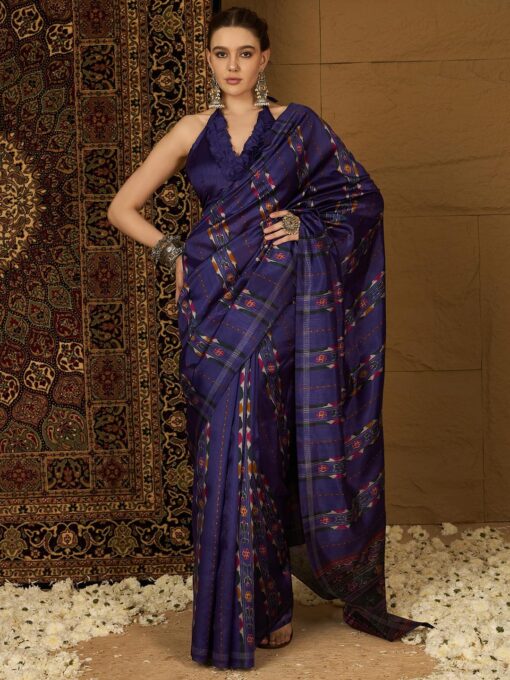 SAREE MALL Women's Bhagalpuri Silk Ikat Printed Saree With Unstitched Blouse (34WOM34901_HS_Parent) - Kancheepuram Vrk Silks Hyderabad - Image 3