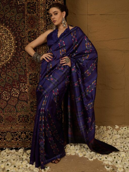 SAREE MALL Women's Bhagalpuri Silk Ikat Printed Saree With Unstitched Blouse (34WOM34901_HS_Parent) - Kancheepuram Vrk Silks Hyderabad - Image 5