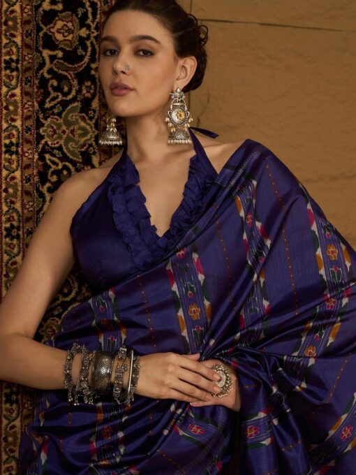 SAREE MALL Women's Bhagalpuri Silk Ikat Printed Saree With Unstitched Blouse (34WOM34901_HS_Parent) - Kancheepuram Vrk Silks Hyderabad - Image 6