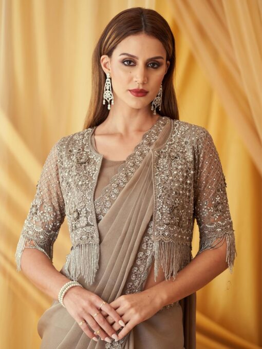 AKHILAM Women's Georgette Embellished Saree With Unstitched Blouse Piece - Kancheepuram Vrk Silks Hyderabad - Image 3