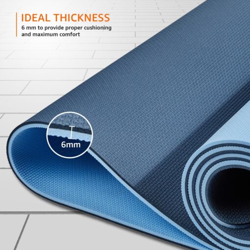 AmazonBasics Dual Colour Reversible Yoga Mat | 6 MM Anti-Slip Thick Mat | Carry Strap | Grippy Surface | TPE & EVA Material | for Men & Women (Dark Blue & Light Blue) - Yoga Mats Online - Image 6