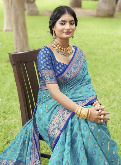 SGF11 Women's Organza Kanjivaram Pure Soft Silk Handloom Saree Pure Golden Zari With Blouse Piece - Kancheepuram Vrk Silks Hyderabad - Image 3
