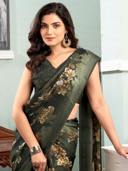 Satrani Women's Georgette Floral Printed Satin Stripe Saree with Unstitched Blouse Piece - Kancheepuram Vrk Silks Ameerpet - Image 4
