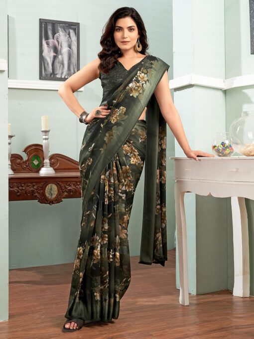 Satrani Women's Georgette Floral Printed Satin Stripe Saree with Unstitched Blouse Piece - Kancheepuram Vrk Silks Ameerpet - Image 2