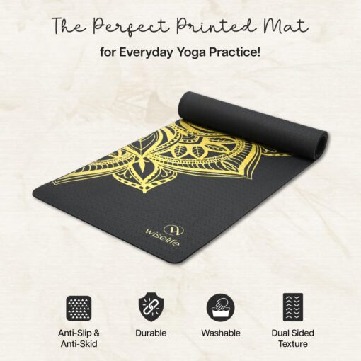 Wiselife Printed Yoga Mat + Yoga Strap (Tpe Material 6Mm Extra Thick Extra Long And Wide Exercise Mat For Workout, Fitness, Yoga And Pilates) (Mettalic), Black - Cork Yoga Mats - Image 3