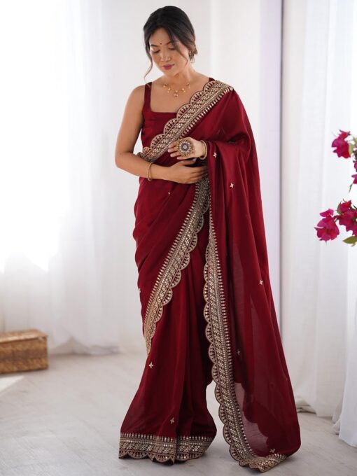 AKHILAM Women's Vichitra Silk Embellished Saree With Unstitched Blouse Piece (RADHA5001_RX_Parent) - Kancheepuram Vrk Silks - Image 3