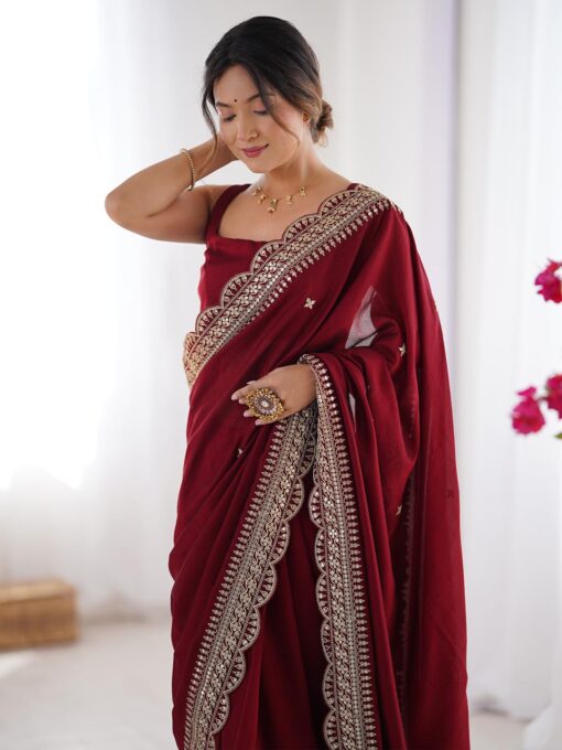AKHILAM Women's Vichitra Silk Embellished Saree With Unstitched Blouse Piece (RADHA5001_RX_Parent) - Kancheepuram Vrk Silks - Image 5