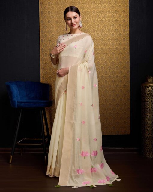 SWORNOF Womens Linen Silk Saree | Saree for Women With Unstitched Blouse | Saree with Blouse Piece | Soft and Skin Friendly - Jimmy Choo Saree Meesho Under 500 - Image 3