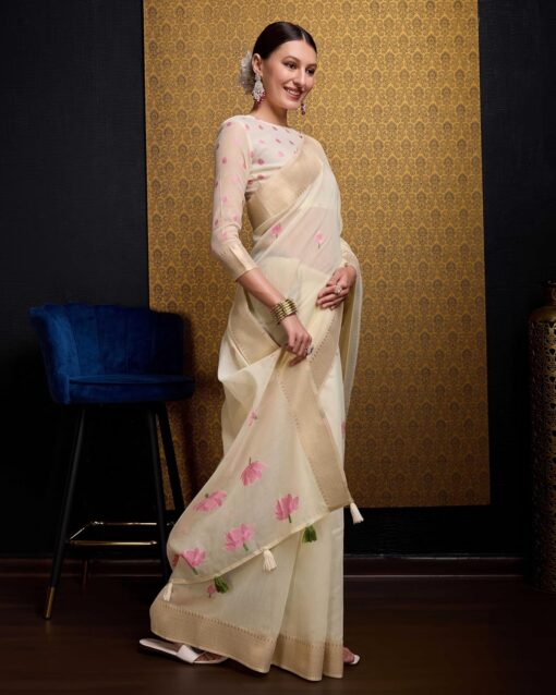 SWORNOF Womens Linen Silk Saree | Saree for Women With Unstitched Blouse | Saree with Blouse Piece | Soft and Skin Friendly - Jimmy Choo Saree Meesho Under 500 - Image 4
