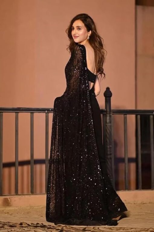 SWADESI STUFF Sequined Georgette Elegant Indian Ethnic Wear Women Saree with Unstitched Blouse, Black, Embroidered && - Jimmy Choo Saree Myntra Under 1500 - Image 5
