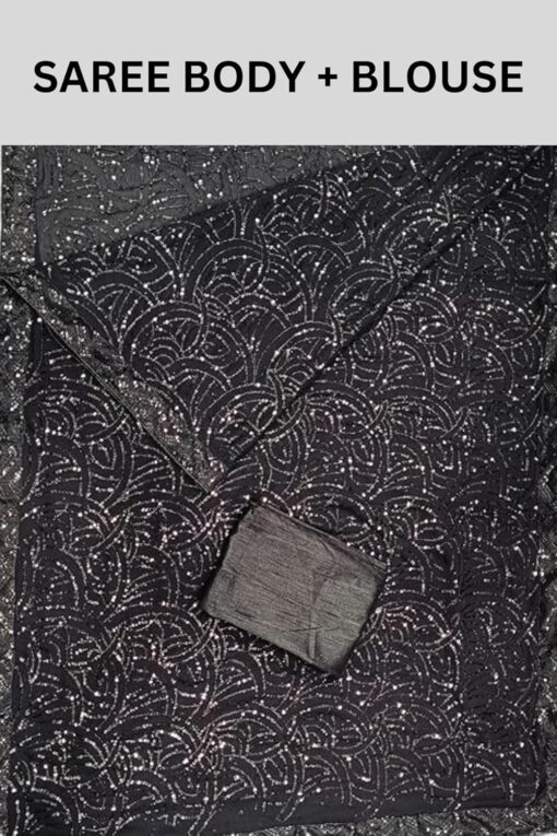 SWADESI STUFF Sequined Georgette Elegant Indian Ethnic Wear Women Saree with Unstitched Blouse, Black, Embroidered && - Jimmy Choo Saree Myntra Under 1500 - Image 6