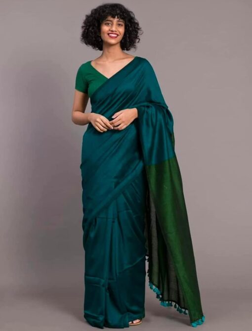 BRYNBRIT Women's Handloom Linen Cotton Saree With Zari Work | Unstitched Blouse (5.5 mtr With Blouse 0.8 mtr), Teal Blue - Jimmy Choo Saree Myntra Under 1500 - Image 3