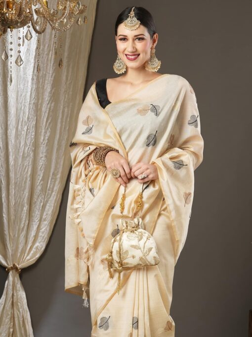 AKHILAM Women's Banarasi Silk Blend Embroidered Solid Border Saree With Unstitched Blouse Piece (6KAVI601_Parent) - Jimmy Choo Saree Myntra Under 1500 - Image 4