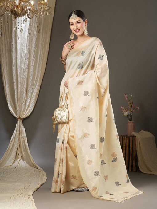 AKHILAM Women's Banarasi Silk Blend Embroidered Solid Border Saree With Unstitched Blouse Piece (6KAVI601_Parent) - Jimmy Choo Saree Myntra Under 1500 - Image 5