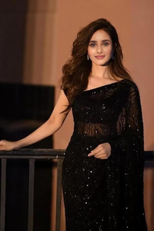 SWADESI STUFF Sequined Georgette Elegant Indian Ethnic Wear Women Saree with Unstitched Blouse, Black, Embroidered && - Jimmy Choo Saree Myntra Under 1500 - Image 2