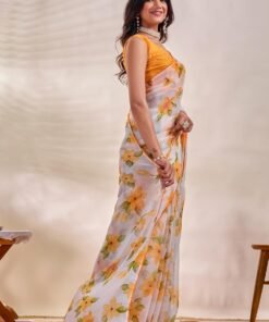 Women's Chiffon Floral Printed, Lightweight And Plain Border Saree with Blouse Piece - Jimmy Choo Saree Under 1000 For Weddings - Image 3