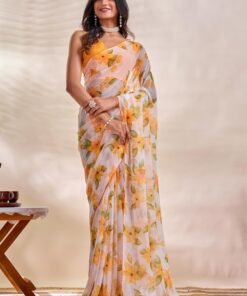 Women's Chiffon Floral Printed, Lightweight And Plain Border Saree with Blouse Piece - Jimmy Choo Saree Under 1000 For Weddings - Image 5