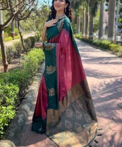 Soft Silk Floral Zari Woven Unique Color Contrast Saree with Unstitched Blouse Piece - Latest Jimmy Choo Saree Design - Image 3