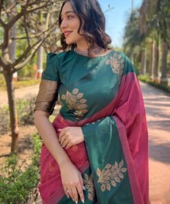 Alternative view of Soft Silk Floral Zari Woven Unique Color Contrast Saree with Unstitched Blouse Piece - Latest Jimmy Choo Saree Design