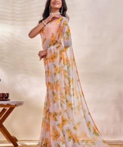 Alternative view of Women's Chiffon Floral Printed, Lightweight And Plain Border Saree with Blouse Piece - Jimmy Choo Saree Under 1000 For Weddings