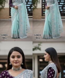 Alternative view of Women's Georgette Solid Embellished Saree With Unstitched Blouse Piece - Purple Saree Jimmy Choo Saree Meesho