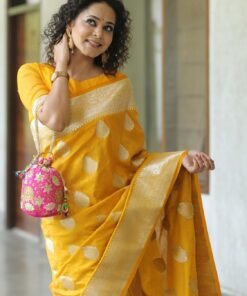 Alternative view of Yashika Women’s Fancy Banarasi Kanjivaram Art Silk Yellow Saree with Unstitched Blouse Piece |Wedding Saree for Women - Reviews Jimmy Choo Saree Original