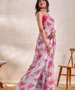 Women's Chiffon Floral Printed, Lightweight And Plain Border Saree with Blouse Piece - Original Jimmy Choo Saree - Image 3