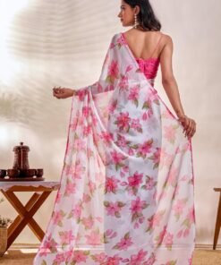 Women's Chiffon Floral Printed, Lightweight And Plain Border Saree with Blouse Piece - Original Jimmy Choo Saree - Image 4