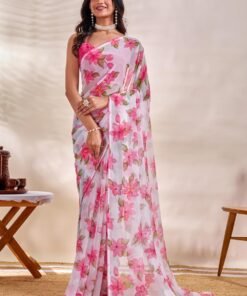 Women's Chiffon Floral Printed, Lightweight And Plain Border Saree with Blouse Piece - Original Jimmy Choo Saree - Image 5
