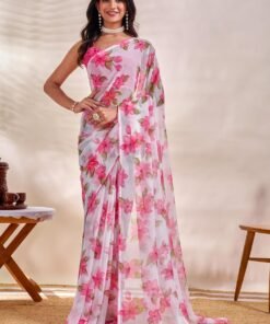 Women's Chiffon Floral Printed, Lightweight And Plain Border Saree with Blouse Piece - Original Jimmy Choo Saree - Image 6