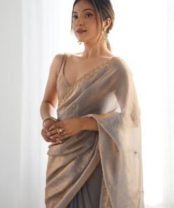 AKHILAM Women's Shimmer Tissue Embroidered Saree With Unstitched Blouse Piece - Original Jimmy Choo Saree Price In India - Image 5